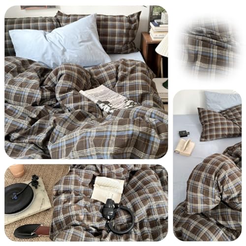 Image of Plaid Duvet Cover Set Twin Size,Brown Blue Gingham Patterned Bedding Set for Girls Boys,Modern Soft Breathable Microfiber Comforter Cover 2 Pieces with Zipper Closure and 1 Pillow Sham