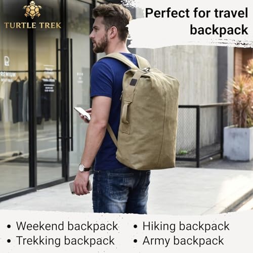 Image of Turtle Trek Travel Backpack Military Top Load Shoulder Bag Large Canvas Army Rucksack Trekking Hiking Duffle Luggage Bag with Multiple Pocket Compartments