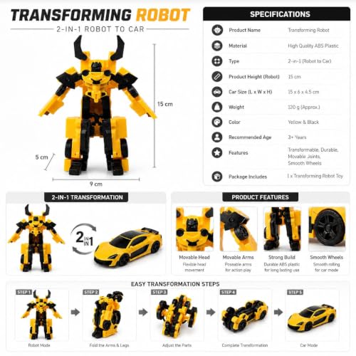 Generic Transforming Robot Toy, Yellow and Black, 2-in-1 Car to Robot - Image 3