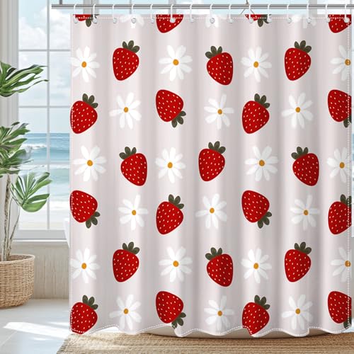 Lindameler Strawberry Shower Curtain for Bathroom, Cute Fruit Floral Shower Curtain for Strawberry Bath Decor Waterproof Fabric Bath Curtain with 12 Hooks, 72 X 72 Inch