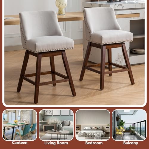 Majnesvon Sillas de Barra Giratorias Juego de 2, 26" de Altura de Asiento, Taburetes Tapizados con Patas de Madera Maciza y Respaldo para Isla de Cocina Comedor y Pub (Beige) miniatura 7