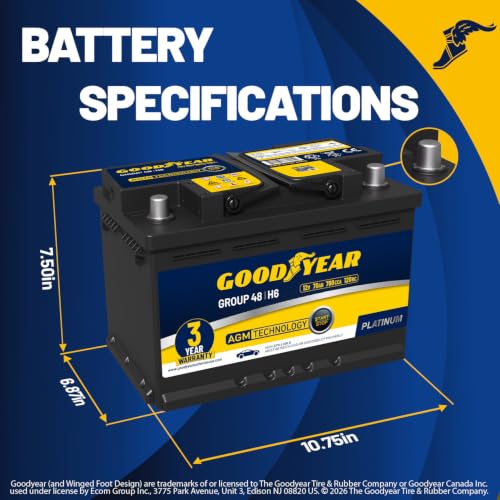 Image of Goodyear 48-H6-AGM BCI Group Size 48 12V 70 AH, 120RC, 760 CCA Platinum series Rechargeable AGM Maintenance Free Automotive Battery