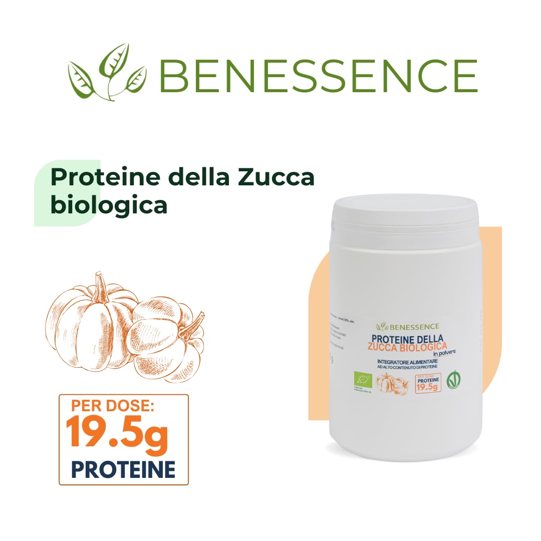 Benessence - Proteine vegetali della Zucca Biologica in Polvere - 2x500g - con il 60% di proteine per il benessere dei muscoli e delle ossa
