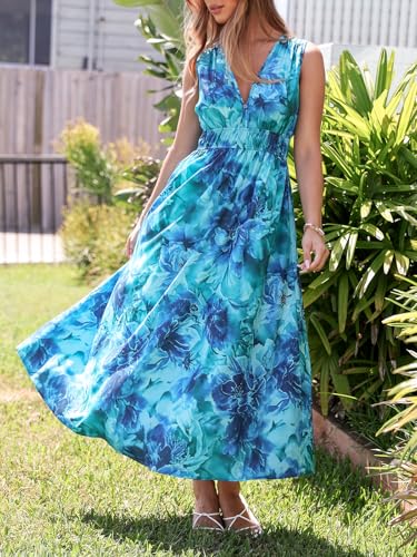 womens summer sleeveless v neck boho long dress floral print midi sundress