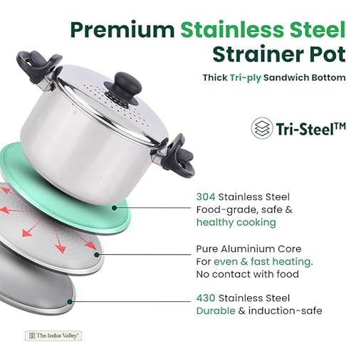 Image of The Indus Valley Stainless Steel 2.5ltr Strainer Pot /Rice Pot for Noodles, Pasta, Corn, SOYA, Vegetables & Rice | Induction & Gas Friendly | 3-Layer Thick Bottom