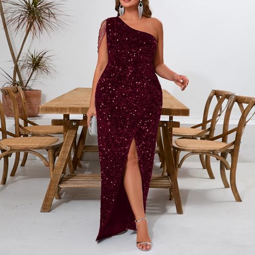 Image of Cololura Women Sequin Elegant Sexy One Shoulder Tassel Mermaid Bodycon Cocktail Evening Dress