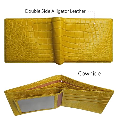 Image of HATA Yellow Exotic Bifold Leather Wallet for Men, Double-Side Leather Wallet with RFID Blocking & ID Window Credit Card Holder, Handmade Gift for Birthday, Anniversary, Father's Day VIBE-99