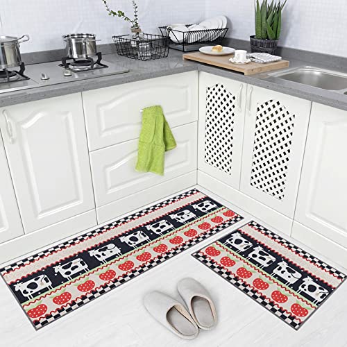 Carvapet 2 Piec Non-Slip Kitchen Rug TPR Non-Skid Backing Mat for Doorway Bathroom Runner Rug Set, Cow Design (17"x48"+17"x24")