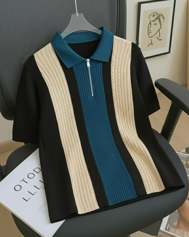 Image of AUSK Men's Retro Cable-Knit Quarter-Zip Polo | Premium Textured Self-Design Half Sleeve T-Shirt for Men