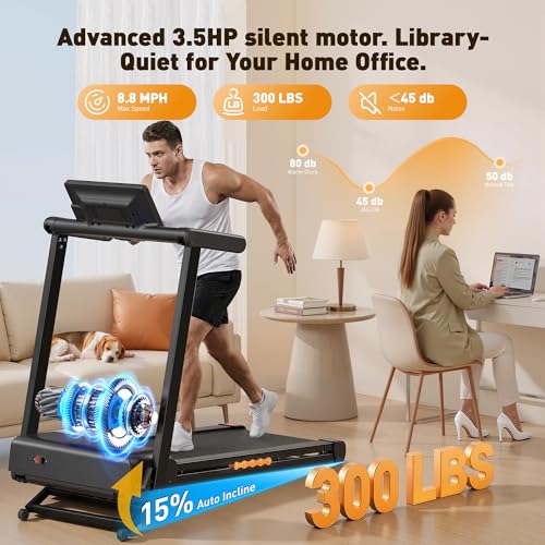 Image of JAGJOG Quiet 15% Auto Incline Treadmill, Foldable Storage | Quiet 3.5HP Motor, 12 HIIT Programs, 14.96 inch LED Touchscreen, Smart App, Heart Rate, No Assembly, 41 inch x 17 inch Belt