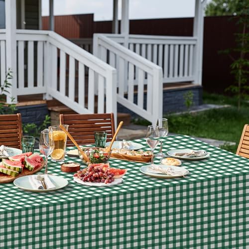 Image of 12Pack Dark Green Plastic Checkered Tablecloth, Premium Decorative Disposable Green Gingham Plaid Table Cloths for Parties, Rectangle Party Table Cover for Picnic Farm Birthday Wedding, 54x108 Inch