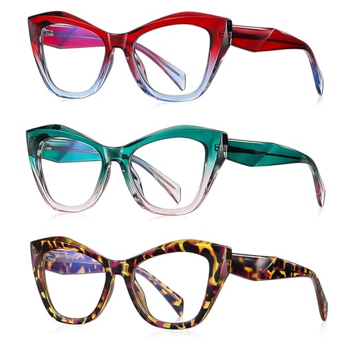 bullabulling 3Pack Oversized Oprah Style Reading Glasses For Women Men Spring Hinges Blue Light Blocking Computer Readers (red/green/leopard, 0.0)