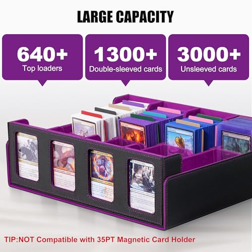 Image of Trading Card Storage Box with Commander Display , 4-Row Deck Case with Removable Lid; 2400+ Card Deck Box for MTG TCG Sports Card, 4 Top Loaders, 4 Stoppers, 24 Dividers,1 Dice Bag (Black Purple)