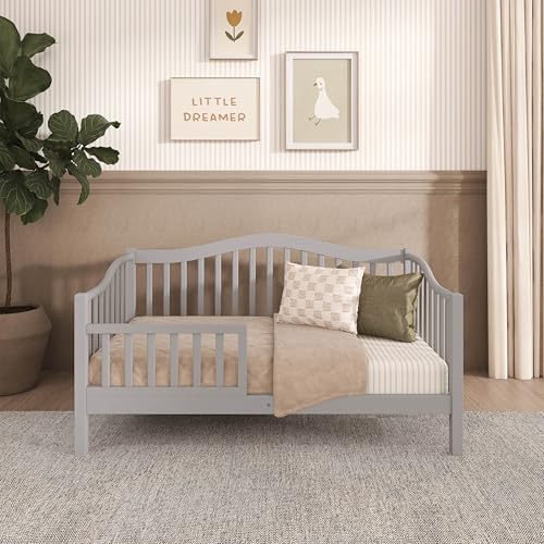 Image of Dream On Me Austin Wooden Toddler Day Bed for Kids, Pebble Grey | GREENGUARD Gold Certified & BSA Verified, Low-to-Floor Design, Removable Safety Guardrail, Solid New Zealand Pinewood