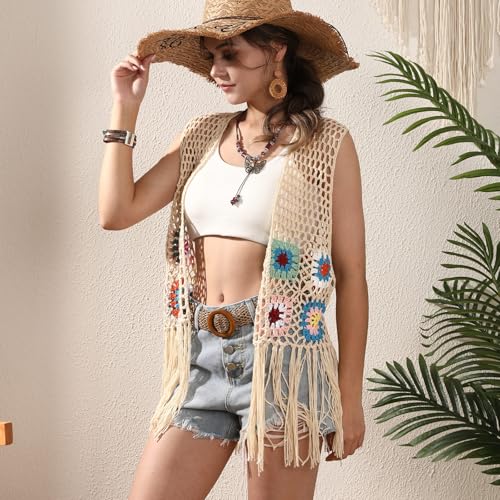 Women's Floral Crochet Hollow Out Sleeveless Fringe Boho Retro-Look Handmade Cardigan Vest Tassels3