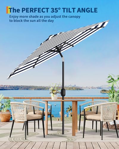 9FT Outdoor Patio Umbrella, Outdoor Table Umbrella, Market Umbrella with Push Button Tilt and Crank, 8 Sturdy Ribs UV Protection Waterproof for Garden, Deck, Pool (Light-blue-and-white striped)