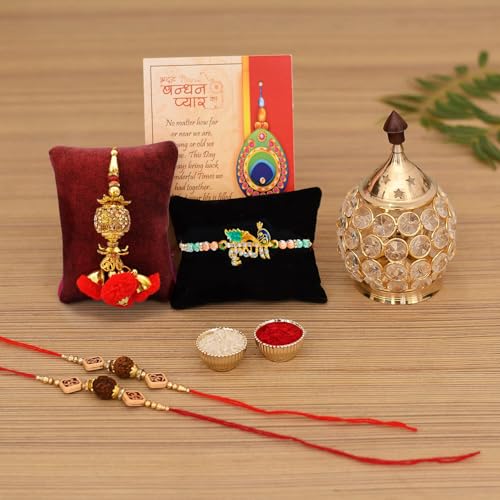 Image of Collectible India Brother Combo Set - Rakhi for Bhaiya Bhabhi Kids - Akhand Diya Crystal Gold Plated Diya Oil Lamp with Krishna, Lumba, Rudraksh Rakhi, Greeting Card