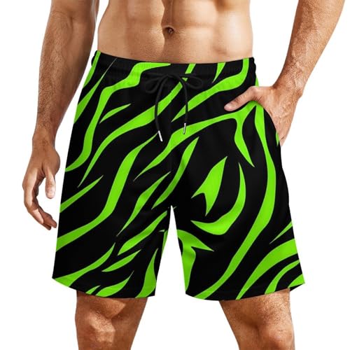 Neon Green Zebra Skin Men's Board Shorts Swimsuit Beach Pants Swimwear Bathing Suits