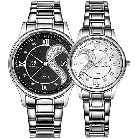 Fq-102 Stainless Steel Romantic Pair His and Hers Wrist Watches for Couples Men Women Set of 2 (Black&White) Cover