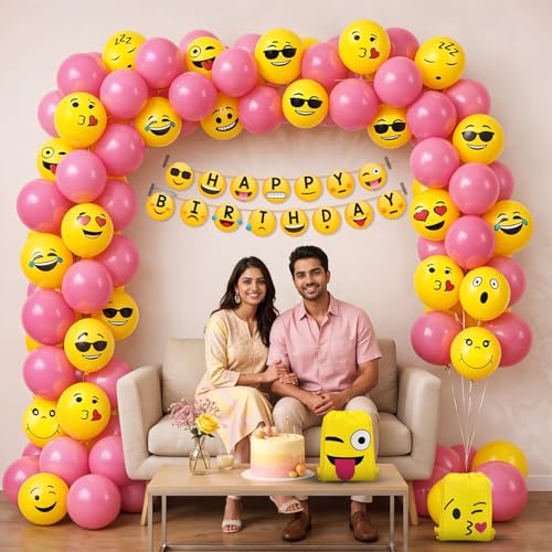 Image of Party Propz Emoji Theme Happy Birthday Decoration Kit -60 Pcs, Birthday Decoration Items with Emoji Return Gift Bags, Emoji Happy Birthday Banner, Birthday Decor for Boys & Girls (Latex)
