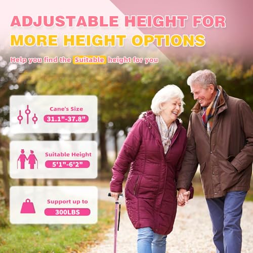 BeneCane Walking Cane for Women Folding Cane for Men with Two Led Lights Quad Cane with Stable Base Lightweight and Adjustable Walking Stick, Pink - Thumbnail 6