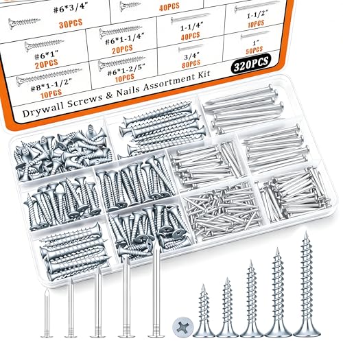 Image of Dianrui Nails & Wood Screws Assortment Kit, 320 PCS #6#8 Philips Drywall Screws Set and High Hardness Hardware Small Nails for Picture Hanging /DIY Repair Project Length 1 /2 inch to 2 inch