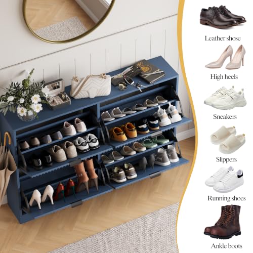 Image of HUANLEGO Shoe Cabinet Storage for Entryway with 4 Flip Drawer, Blue | Fluted Shoe Cabinet with Adjustable Shelves, Hidden Shoe Rack for Entryway, Freestanding Narrow Shoe Organizer for Hallway