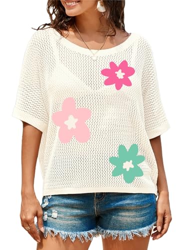 Image of Dokotoo Womens Floral Fashion Summer Tops 2026 Short Sleeve Crochet Sweaters Swimsuit Cover Ups Lightweight Knit Pullover