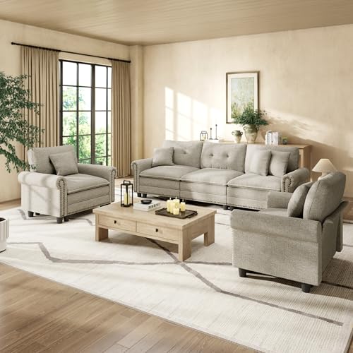Image of HERA'S HOUSE Modular Sectional Sofa and Chair Set for Living Room 3-Piece | Mid-Century Modern 5-Seater Cloud Sofa Set, Light Grey, Rolled Arms & Nailhead Trim, Wider Seats, Soft Linen Furniture Set