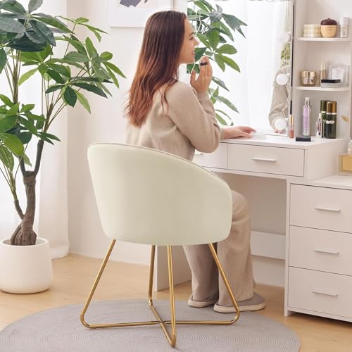 Hellove Silla para Tocador Maquillaje with Gold Metal Legs, Butaca Dormitorio con Respaldo Curvado, Silla Ocio, Sillón de Hogar Moderno, Tapizada Terciopelo para Sala de Estar/Salon, Beige - imagen 3