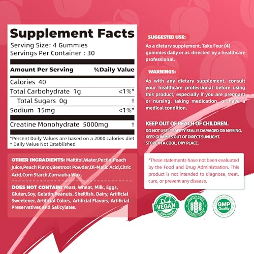 Image of Allcoovita Creatine Monohydrate Gummies 5g for Men & Women. Boost Focus,Strength, and Endurance, Anti-Melting Formula, Vegan, Gluten-Free, Non-GMO,(Peach 120 ct)
