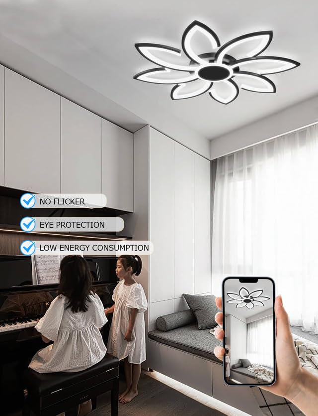 LJX 90cm Lámpara LED Techo Compatible con Alexa y Google Assistant Moderna Flor Inteligente Iluminación Luz y Mando a Distancia Negro Dimmable Temporizable para Dormitorio Salón