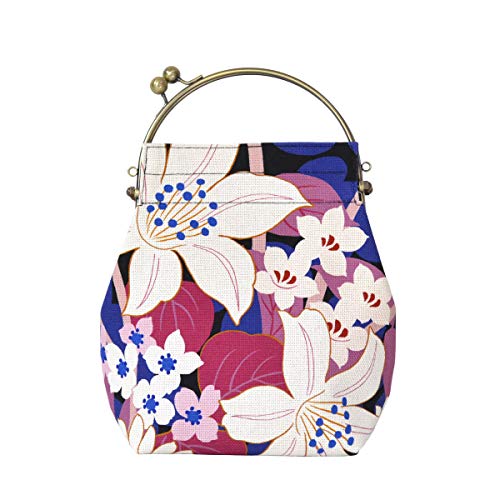 inokichi Benley Gamaguchi bag 2-Way Type Shoulder Bag Yukata Bag Japanese Pattern, Japanese Modern Kimono Bag , Flower garden, Hananoniwa - purple,