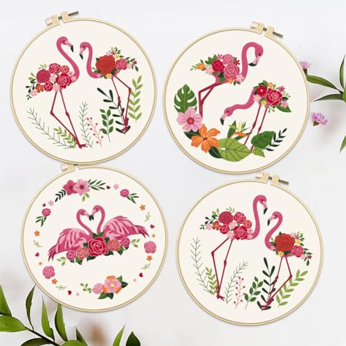 Image of FREEBLOSS 4 Set 8'' Roses Embroidery Kit Flamingo Stamped Pattern Hand Embroidery Kit Embroidery Starter Kit with Detained Instructions Cross Stitch Kit Includes Embroidery Hoops, Color Threads