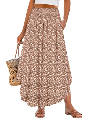 ANRABESS Women's Maxi Skirts Summer Boho Floral High Waisted Flowy Swing Pleated Beach Long Skirt with Pockets Brown Medium