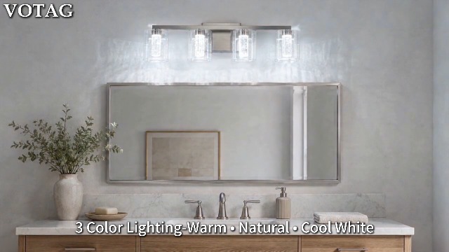 Image of 4-Light LED Vanity Light Fixtures for Bathroom,Electroplated Nickel | Bathroom Light Fixtures Over Mirror, 3 Color Lighting, Crystal Bubble Glass & Clear Glass Shade, Modern Vanity Light