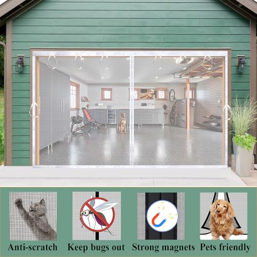 Image of Magnetic Garage Door Screen 16x7ft Mesh Net Curtain, Pets friendly, Retractable Fiberglass doors Cover Closure for Carport Patio sunroom balcony porch gazebo backyard greenhouse RV (White, for 16x7ft)