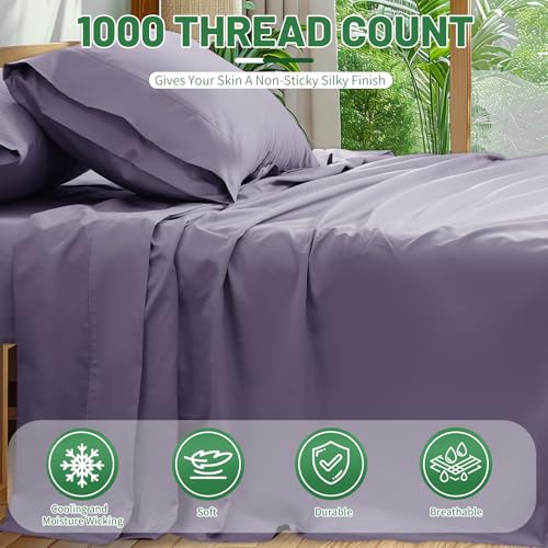 Image of 1000 Thread Count Egyptian Cotton Sheets Queen Size Set 4PCS Sateen Weave Soft Breathable 16-Inch Deep Pocket（Queen,Lilac）