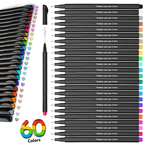 Fineliner - Rotuladores de punta fina, 60 colores, 0,4 mm, punta fina, bolígrafos de dibujo Hirsrian, punta fina, para colorear para niños y adultos, colorear, dibujar, pintar