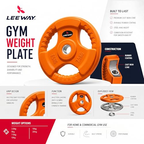 Image of LEEWAY Color Rubber Weight Plates (7.5kg x 2) | 31mm Dia | Rubber Coated Metal Integrated Weights For Barbell Rod | Standard Rod Compatible Dumbbell Spare Gym Weight Plates for Home Gym Equipment Workout (7.5kg Pair (7.5X2))