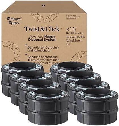 Tommee Tippee Twist & Click Advanced Windeleimer Original-Nachfüllkassetten, Exklusivpackung mit 16, je 10,5 Meter, einfaches, preiswertes Nachfüllen, 16 X 10,5 m (Packung kann var