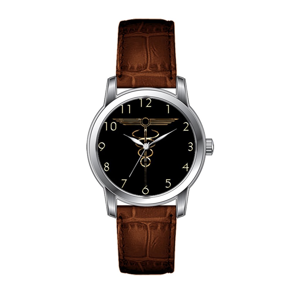 JLS Creative Watches Men's Vintage Design Leather Brown Band Wrist Watch Art Deco Caduceus Wristwatches