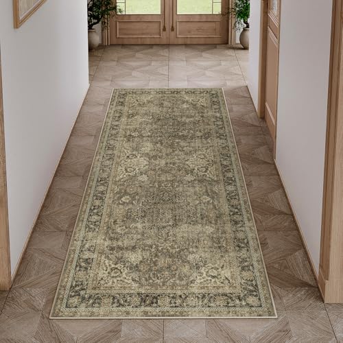 2x5 Washable Brown Vintage Runner Rug for Kitchen Hallway Non-Slip Low Pile Soft Thin Carpet Traditional Retro Distressed Accent Throw Rug for Entryway Bathroom Indoor Bedroom