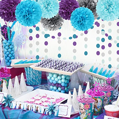Image of Purple-Blue Silver Frozen Christmas Party-Decorations - 30pcs Tissue Pom Poms Streamers,Winter Girl Birthday New Year Tassel Garland Banner,Wonderland Mermaid Baby Shower Wedding Supplies Decor Bunting Lasting Surprise