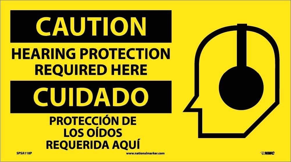 NMC National Marker Corp. SPSA118P Caution, Hearing Protection Required Here (Bilingual W/Graphic) Sign, 10 Inch X 18 Inch, PS Vinyl