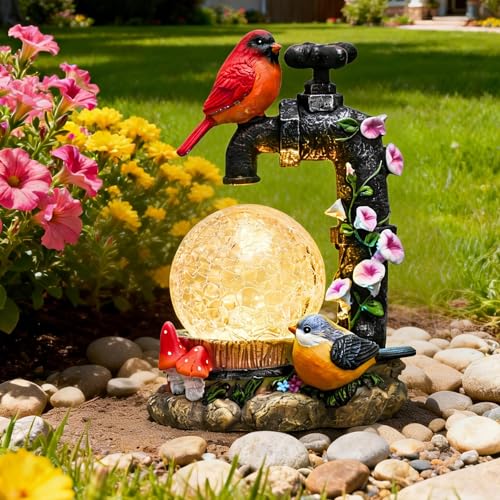 TERESAS COLLECTIONS Garden Decor Cardinal Garden Decor Cute Cardinal and Faucet and Solar Light Glass Ball Waterproof Resin Garden Statues Birds Decor Gifts Birthday Gifts for Women Mom 6