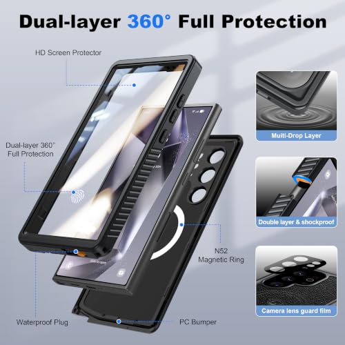 Image of ANTSHARE IP68 Waterproof Case for Samsung Galaxy S24 Ultra - MagSafe Compatible, Built-in Screen /Lens Protector - Shockproof Full Body Protection Back Leather for Swimming /Outdoor, Black