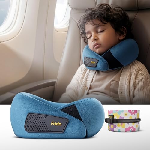 Image of Frido Kids Memory Foam Travel Neck Pillow with Travel Pouch | 360 Chin & Neck Support for Comfortable Sleep | Adjustable Velcro Straps | Ideal for Car, Flight & Road Trips | Sapphire Blue