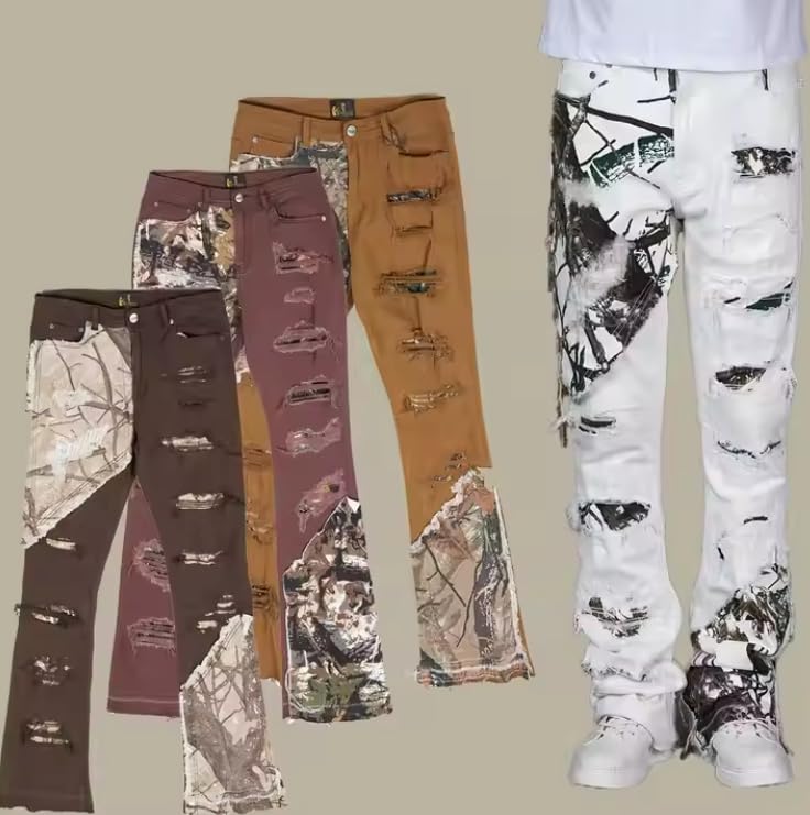 Men's Mid-Rise Flared Jeans with Fitted Ripped Holes and Denim Patch Design - Casual Hip-hop Style Men's Jeans2