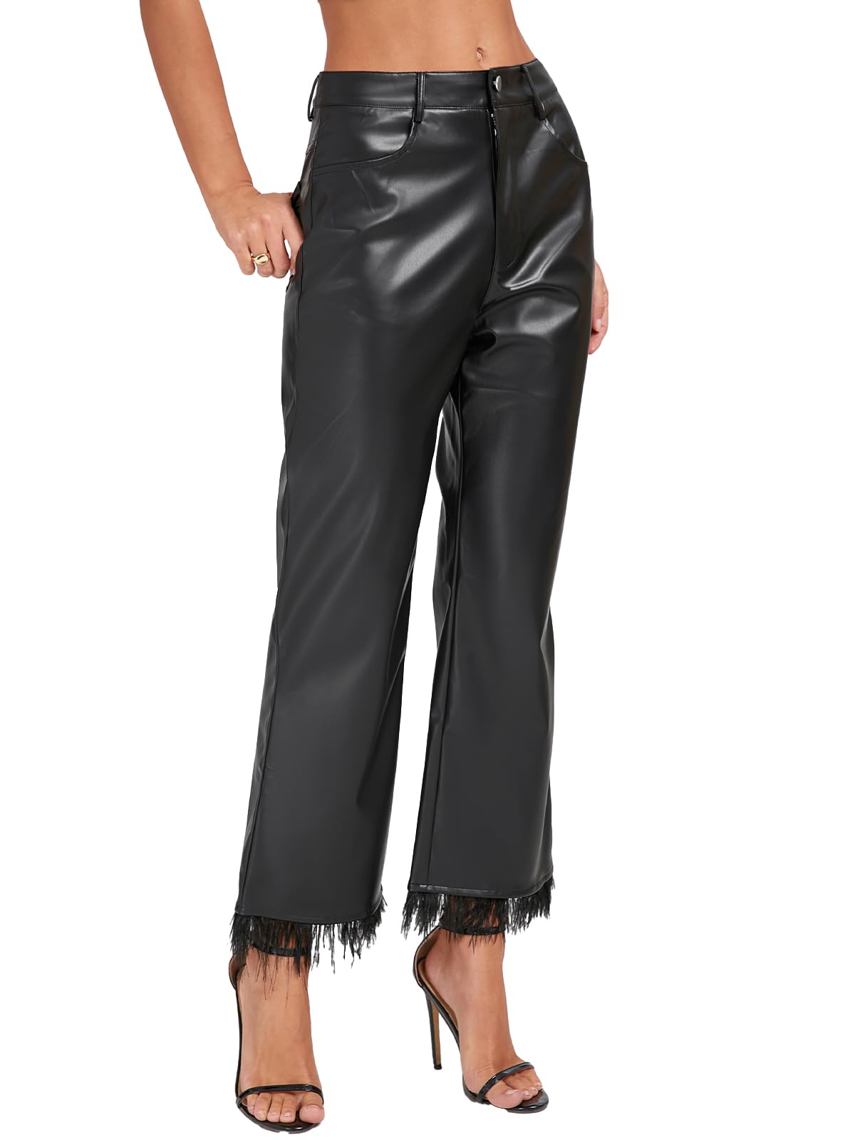 Women's Faux Leather Pants with Feather Hem Mid Rise Wide Legging Straight Pants with Pockets